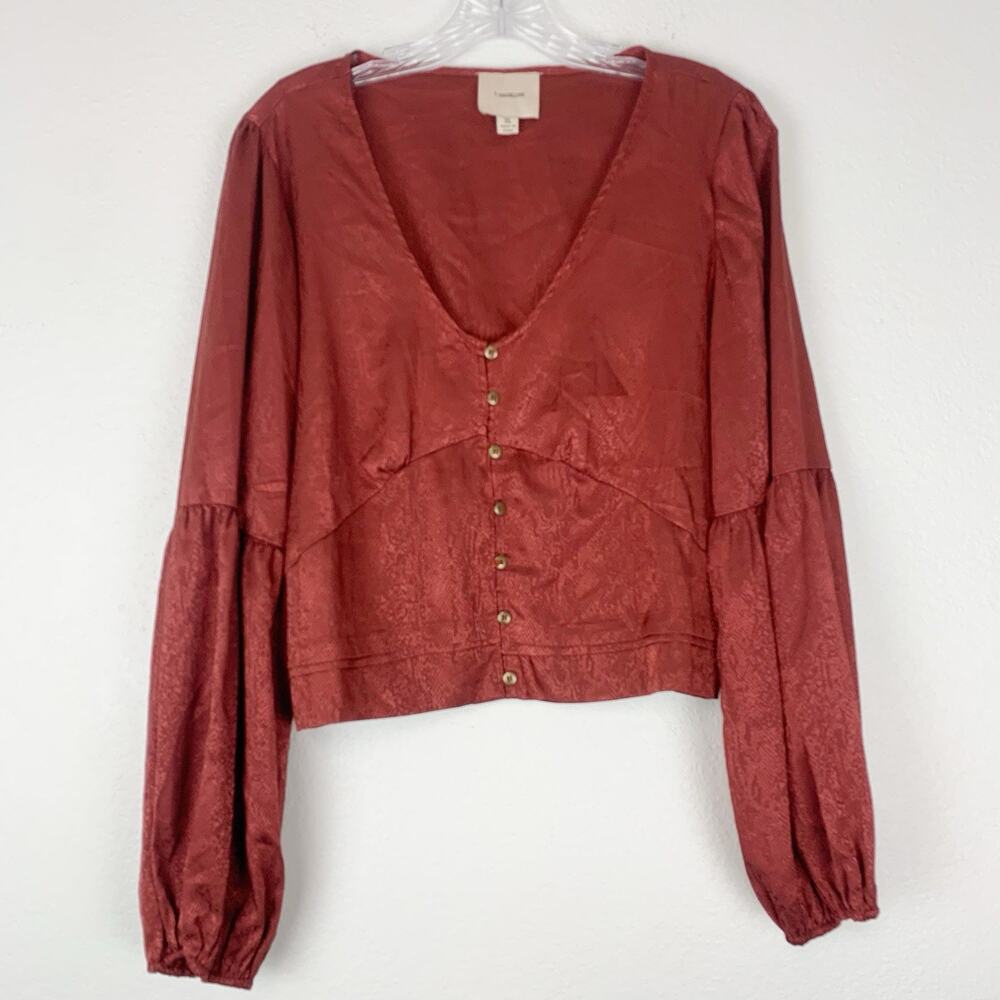 I. Madeline Womens XL Blouse Snakeskin Print Rust Boho Peasant Crop Button Front